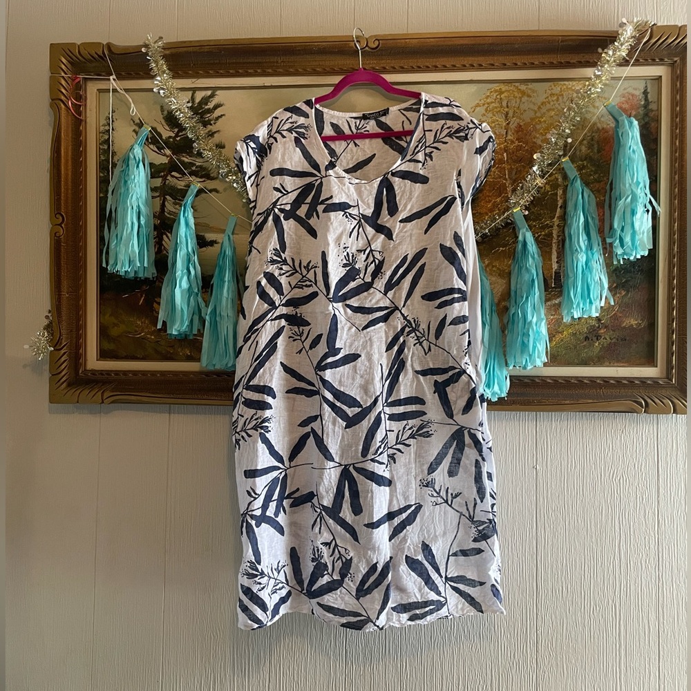 Civico 51 Linen Leaf Print Dress. Made in Italy. Size 3x.